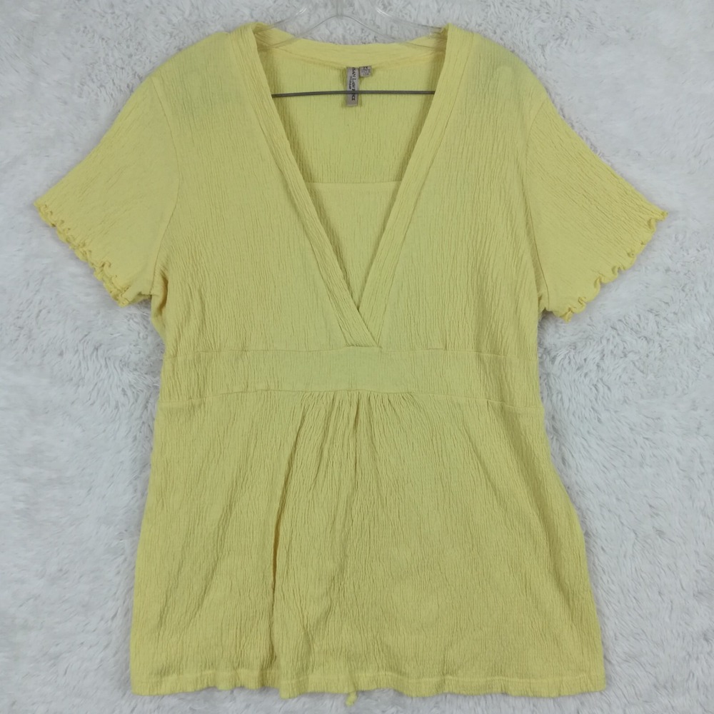 Susan Lawrence Womens Blouse Short Sleeve V Neck Ruched Yellow Tie Waist 2X